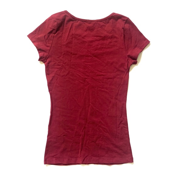 NWOT Burgundy Sheer Lace Mesh Cutout Fitted Tee - Picture 7 of 13